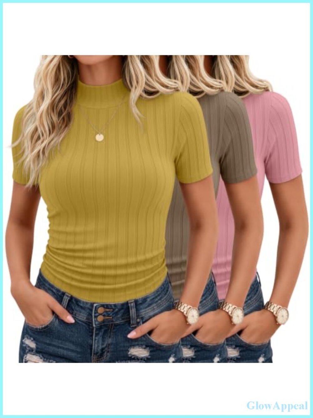 3 Pack Womens Mock Turtleneck Ribbed Short Sleeve Tops Slim Fit Cotton Blend